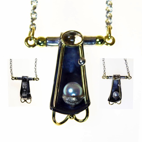 18-05 hanger - ‘jaknikker’ variant op 11-08 
zilver, goud, titanium, topaas, cult.parel + collier